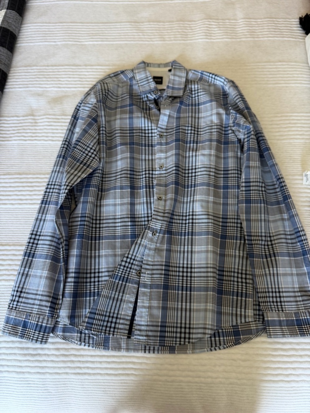 BOSS Men’s Blue and White Plaid Dress Shirt